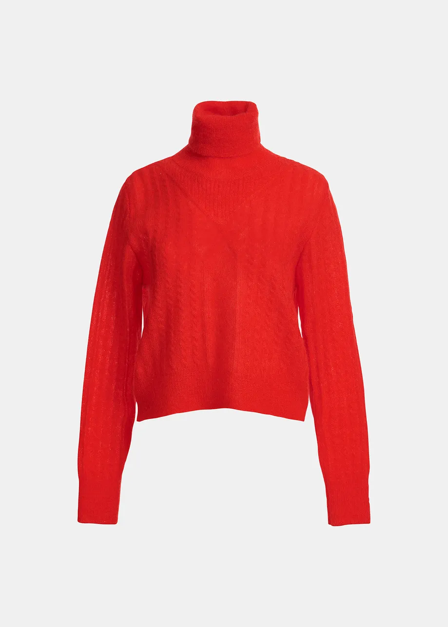 Red cable-knitted turtleneck sweater