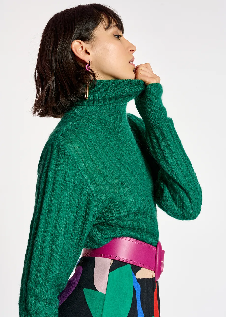 Dark green cable-knitted turtleneck sweater