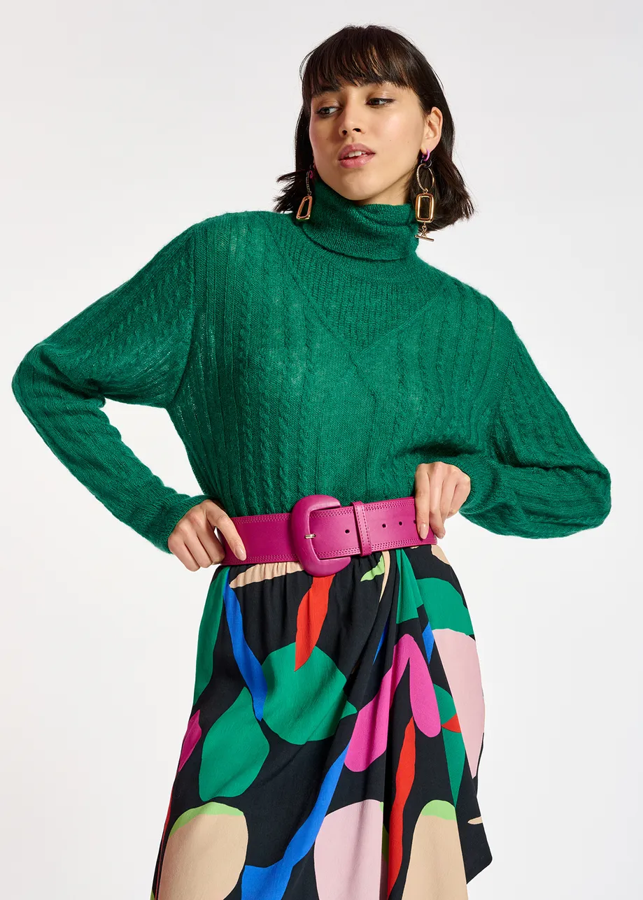 Dark green cable-knitted turtleneck sweater