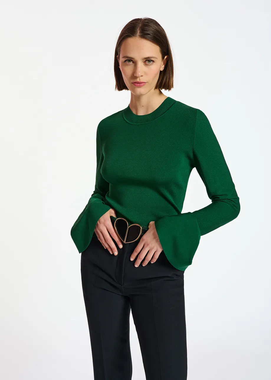 Dark green slim-fit knit sweater with trumpet sleeves
