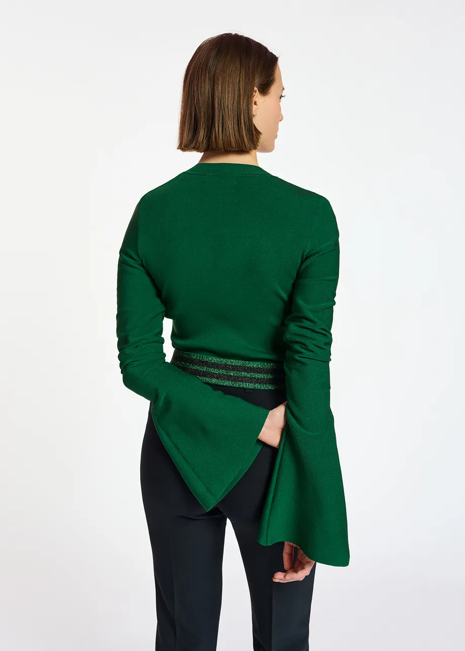 Dark green slim-fit knit sweater with trumpet sleeves