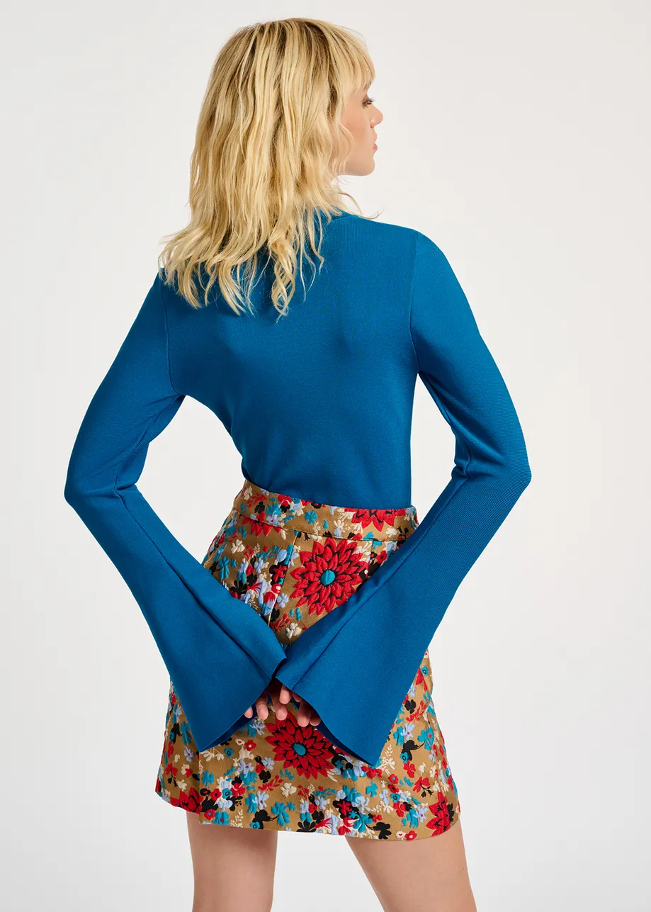 Blue slim-fit knit sweater with trumpet sleeves
