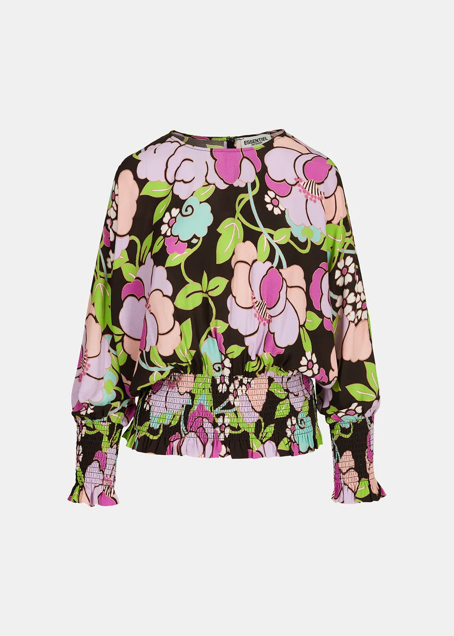 Black smocked top with floral print