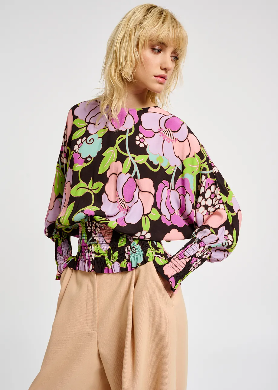 Black smocked top with floral print