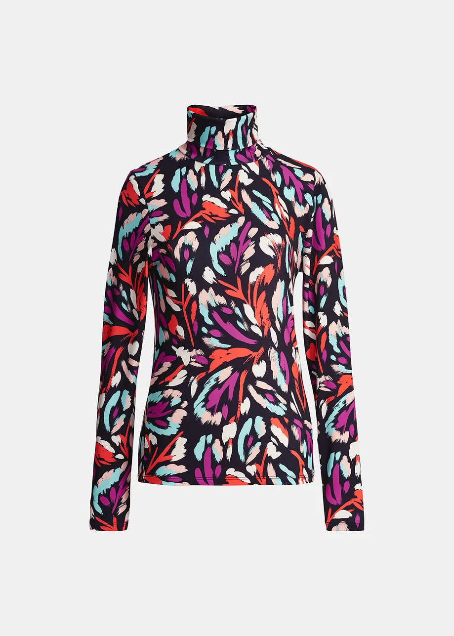 Black, coral red and purple abstract-print turtleneck top