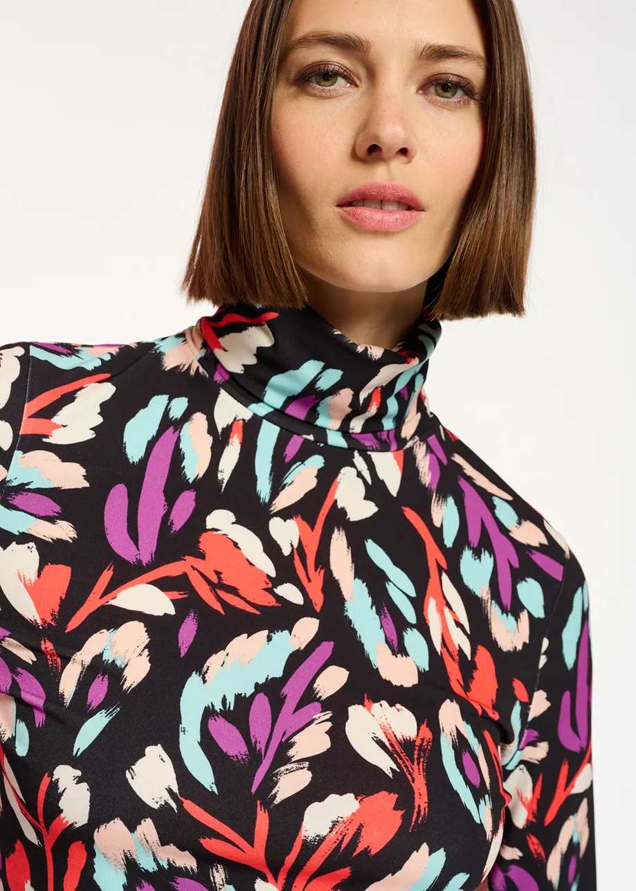 Black, coral red and purple abstract-print turtleneck top