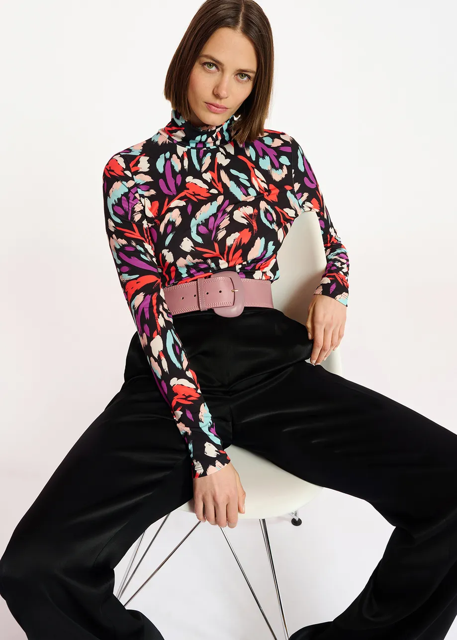 Black, coral red and purple abstract-print turtleneck top