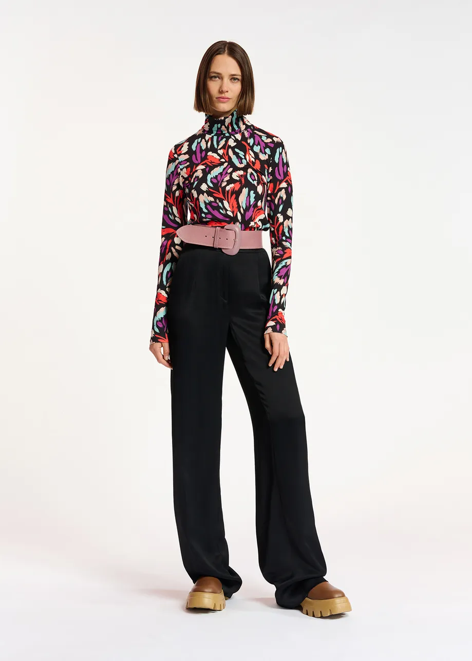 Black, coral red and purple abstract-print turtleneck top