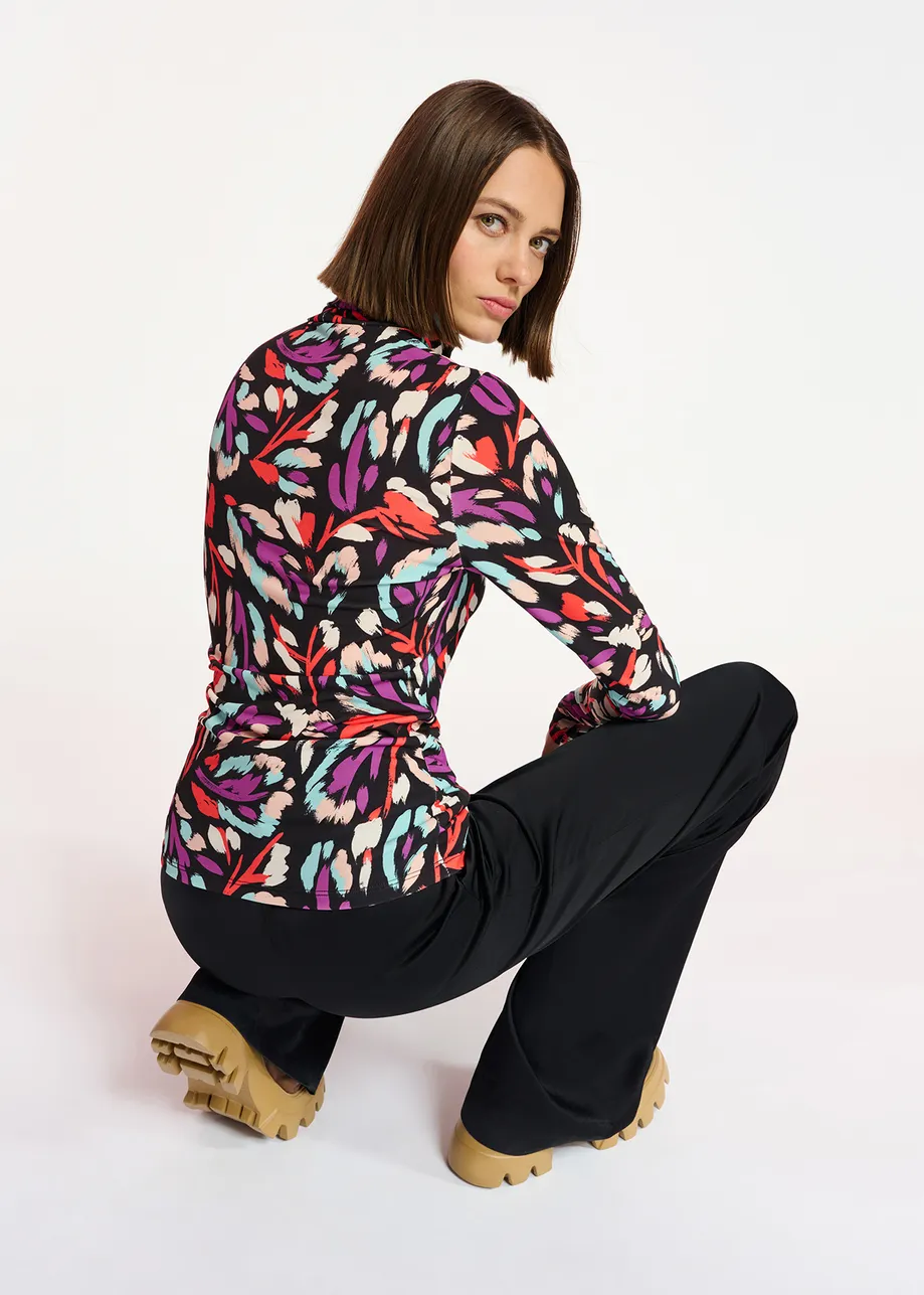 Black, coral red and purple abstract-print turtleneck top