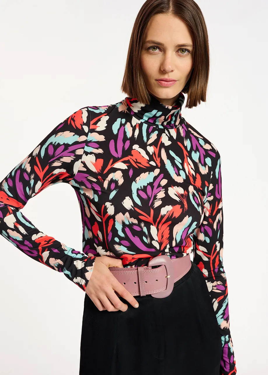 Black, coral red and purple abstract-print turtleneck top