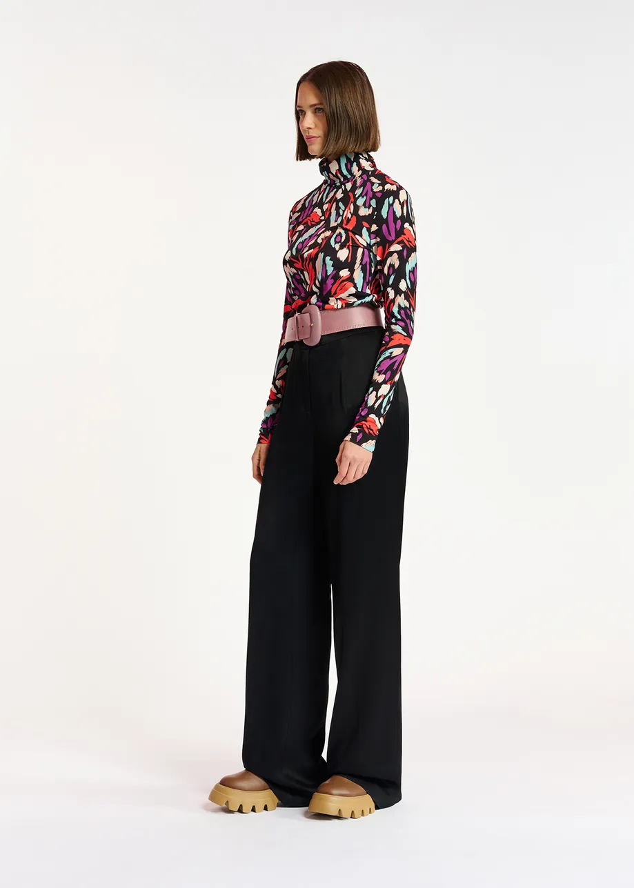 Black, coral red and purple abstract-print turtleneck top