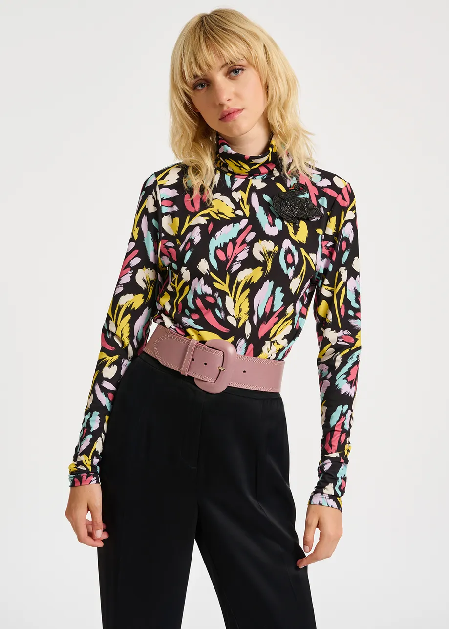 Black, yellow and lilac abstract-print turtleneck top