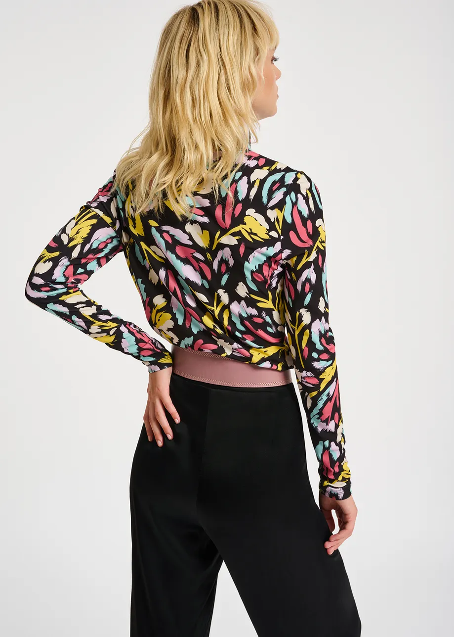 Black, yellow and lilac abstract-print turtleneck top