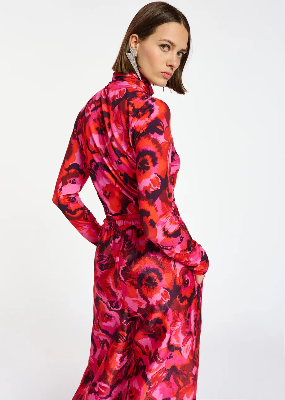 Pink and red floral-print turtleneck top