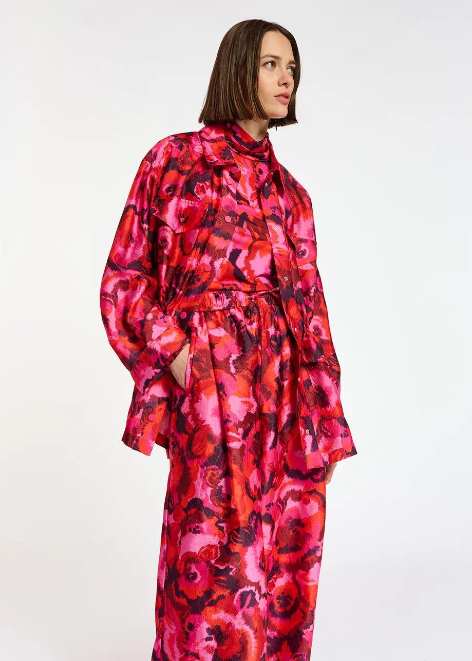Pink and red floral-print turtleneck top