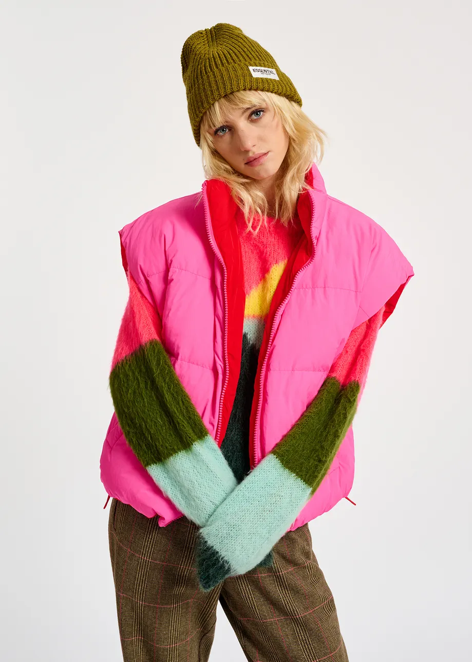 Neon pink and red reversible puffer vest