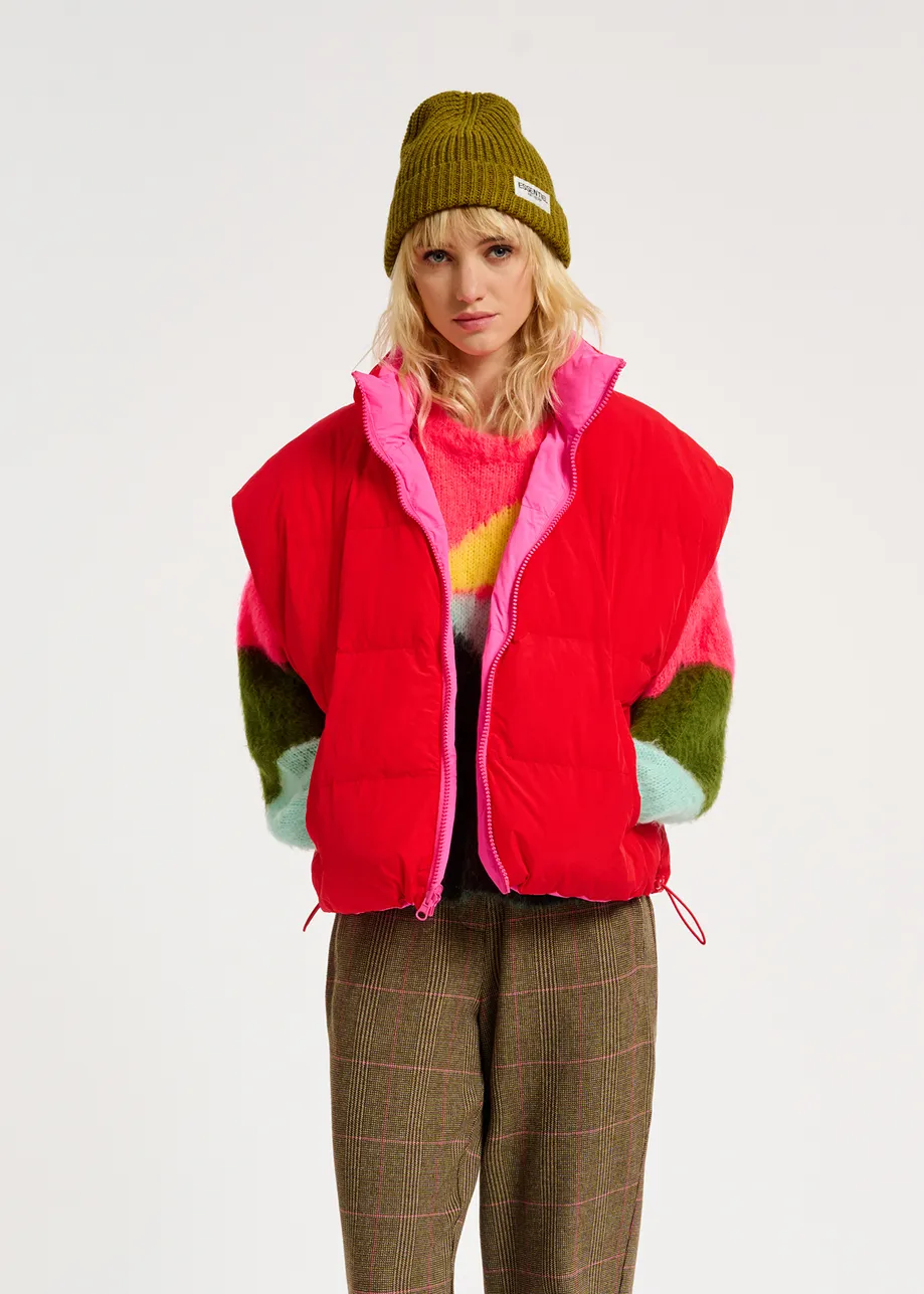 Neon pink and red reversible puffer vest