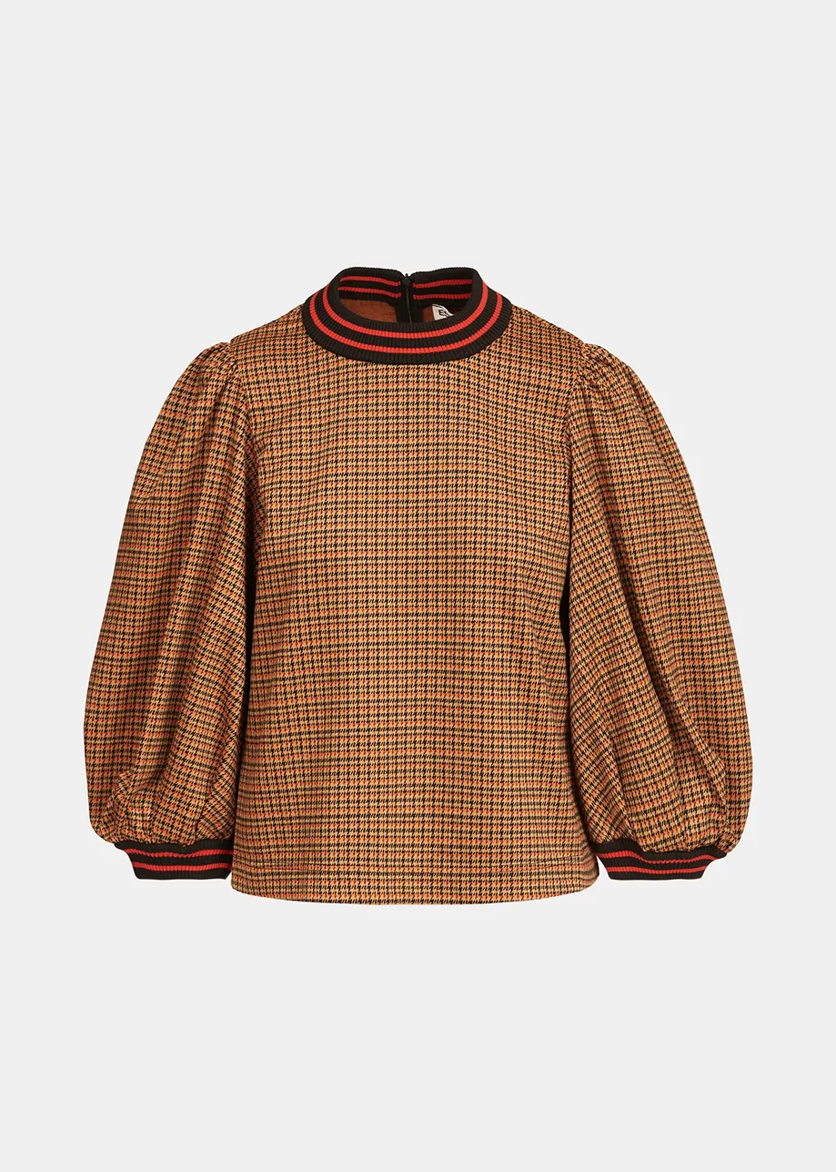 Brown and orange houndstooth motif puffed-sleeves top