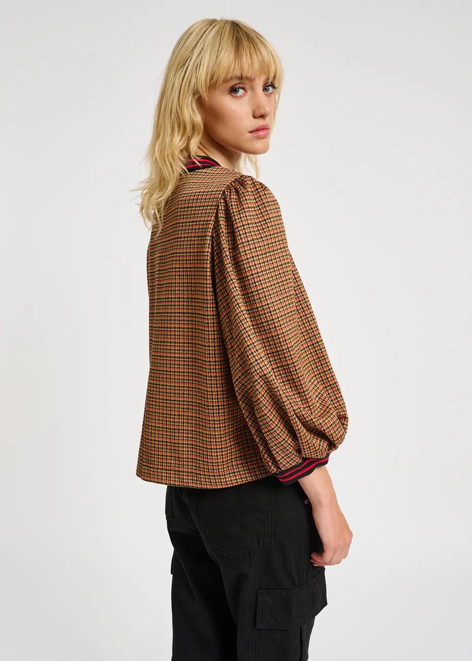 Brown and orange houndstooth motif puffed-sleeves top