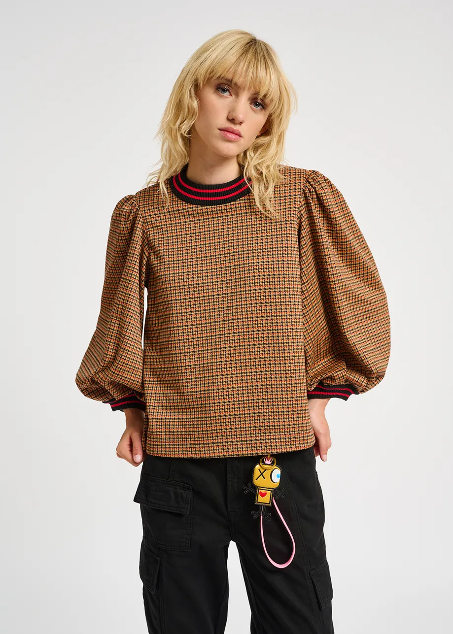 Brown and orange houndstooth motif puffed-sleeves top