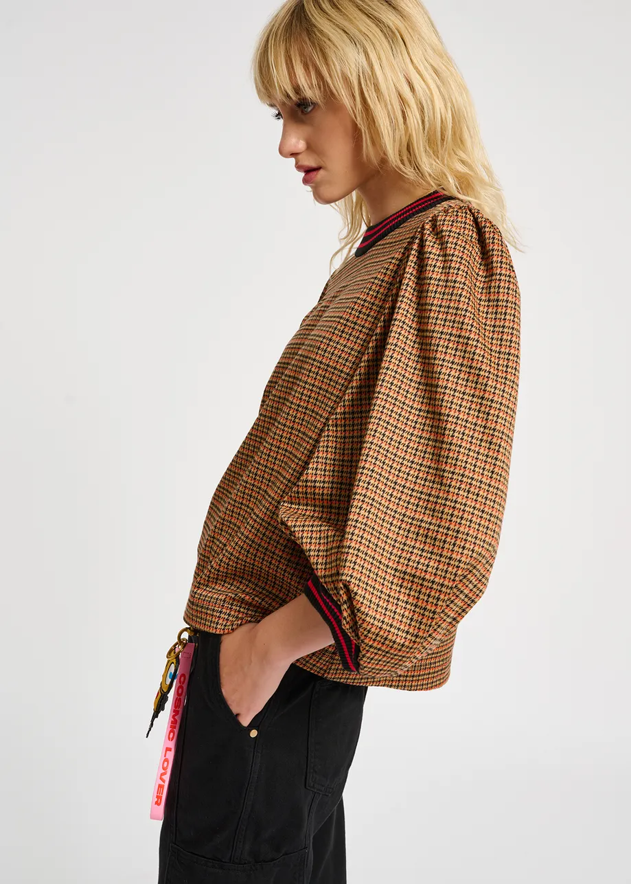 Brown and orange houndstooth motif puffed-sleeves top