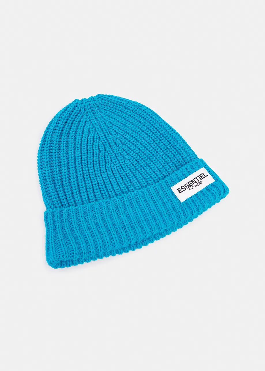 Blue ribbed beanie with logo