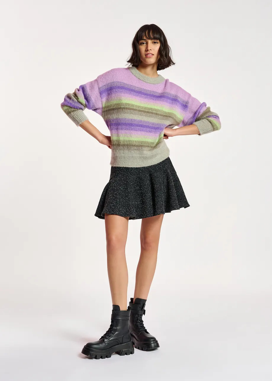 Purple, mint green and beige striped knit sweater