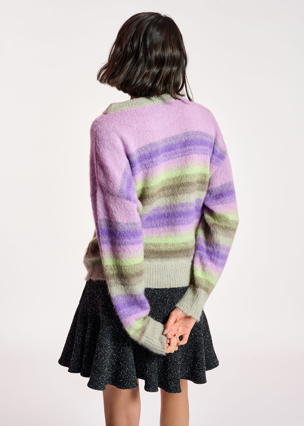 Purple, mint green and beige striped knit sweater