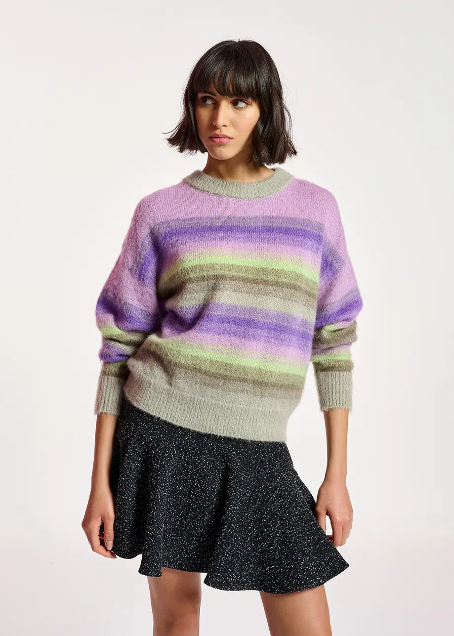 Purple, mint green and beige striped knit sweater