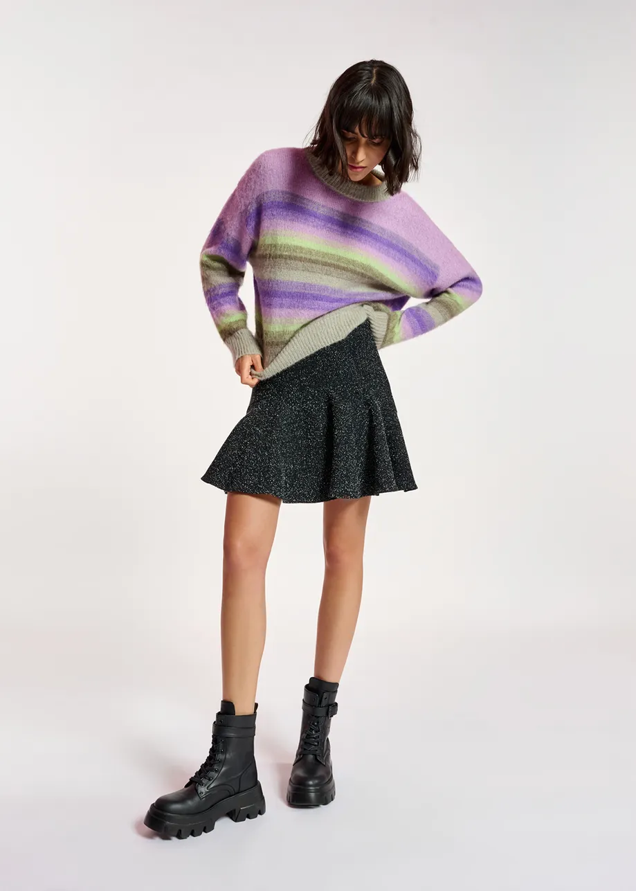 Purple, mint green and beige striped knit sweater