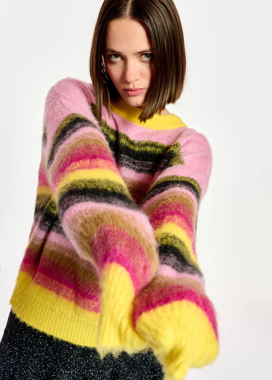 Yellow, pink and black striped knit sweater