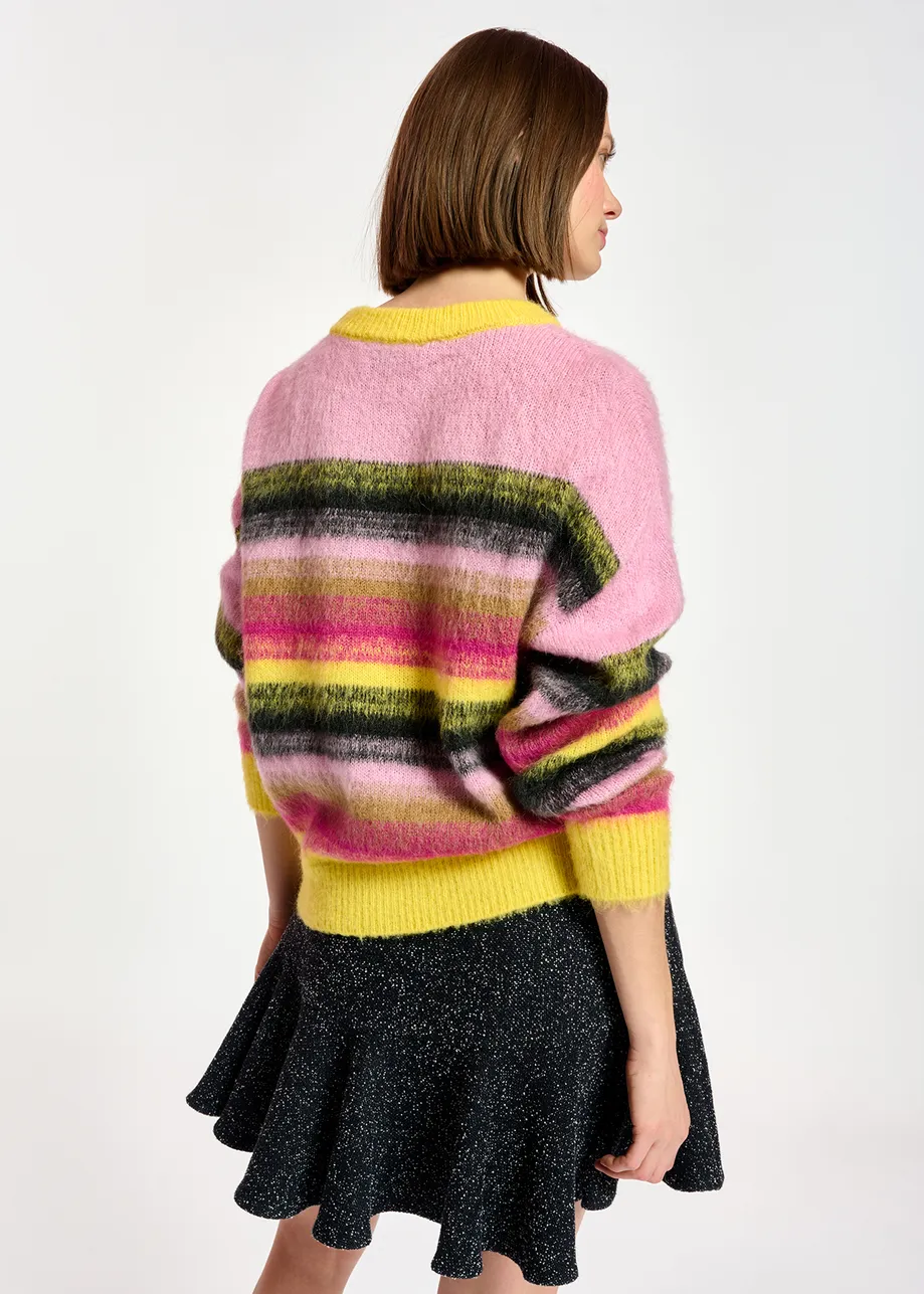 Yellow, pink and black striped knit sweater