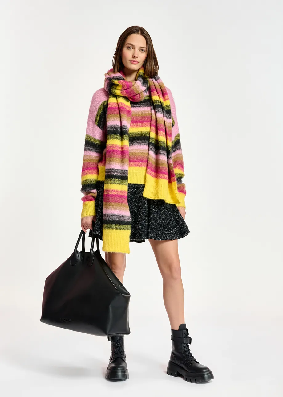 Yellow, pink and black striped knit sweater