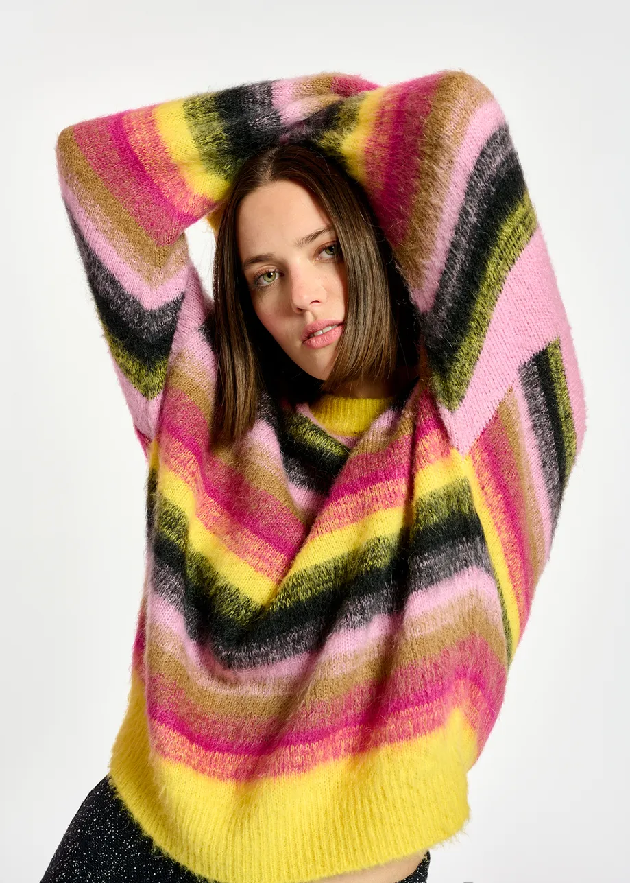 Yellow, pink and black striped knit sweater