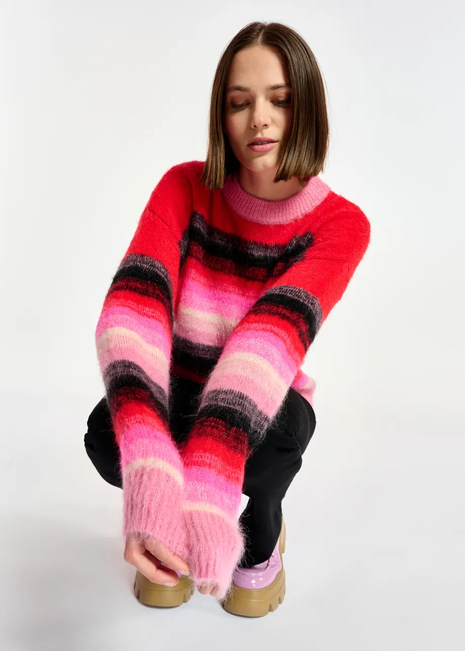 Red, pink and black striped knit sweater