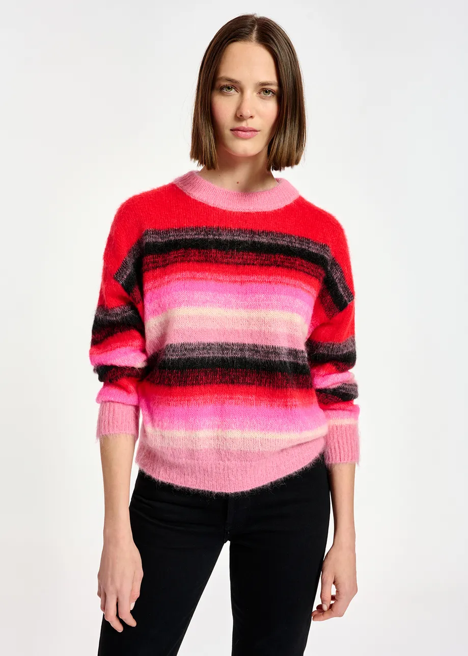 Red, pink and black striped knit sweater