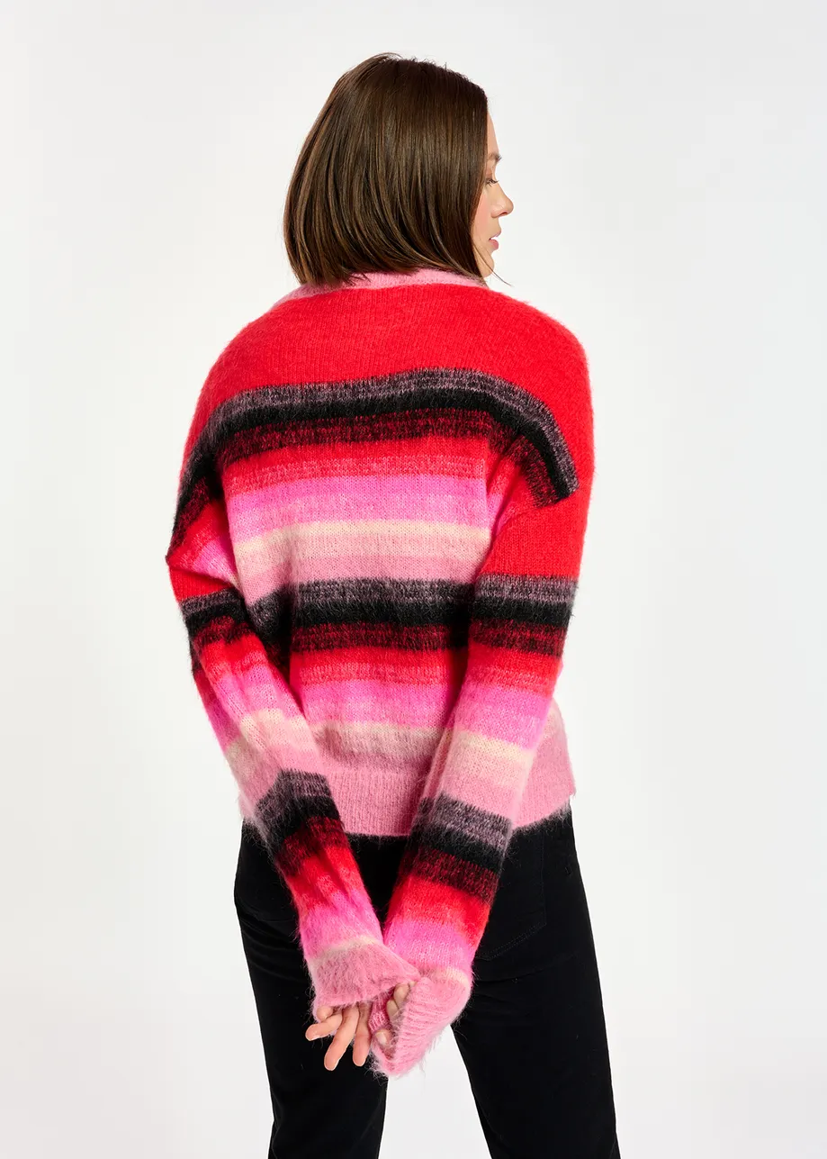 Red, pink and black striped knit sweater