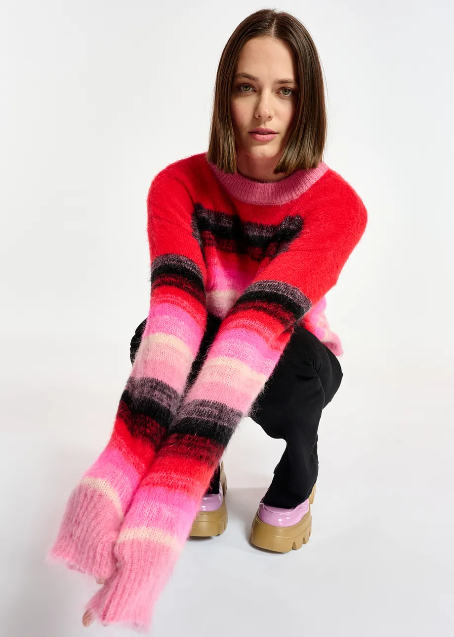 Red, pink and black striped knit sweater