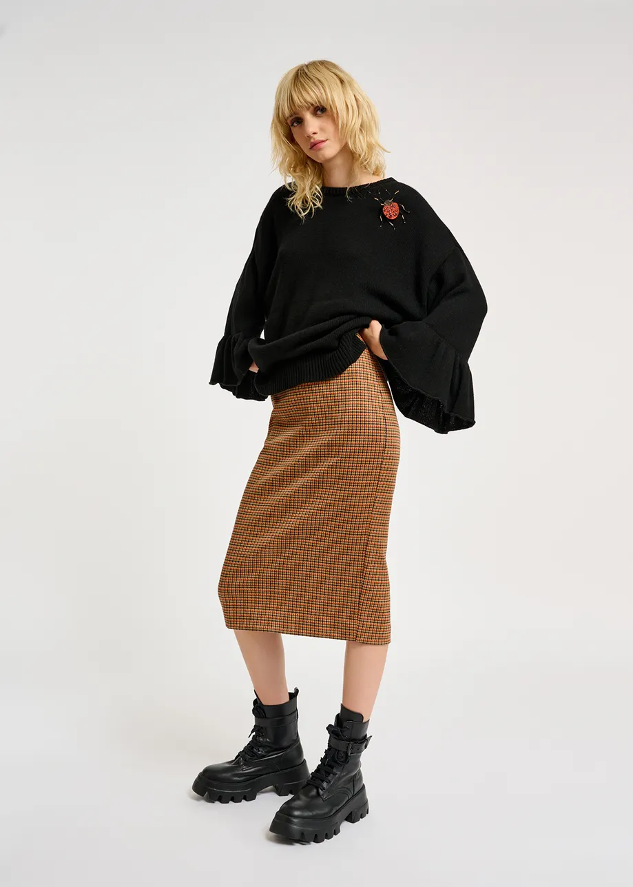 Brown and orange houndstooth motif pencil skirt