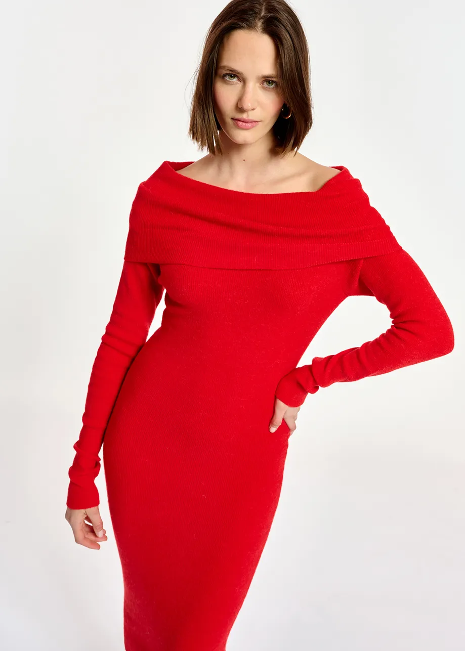 Red off-the-shoulder knit dress