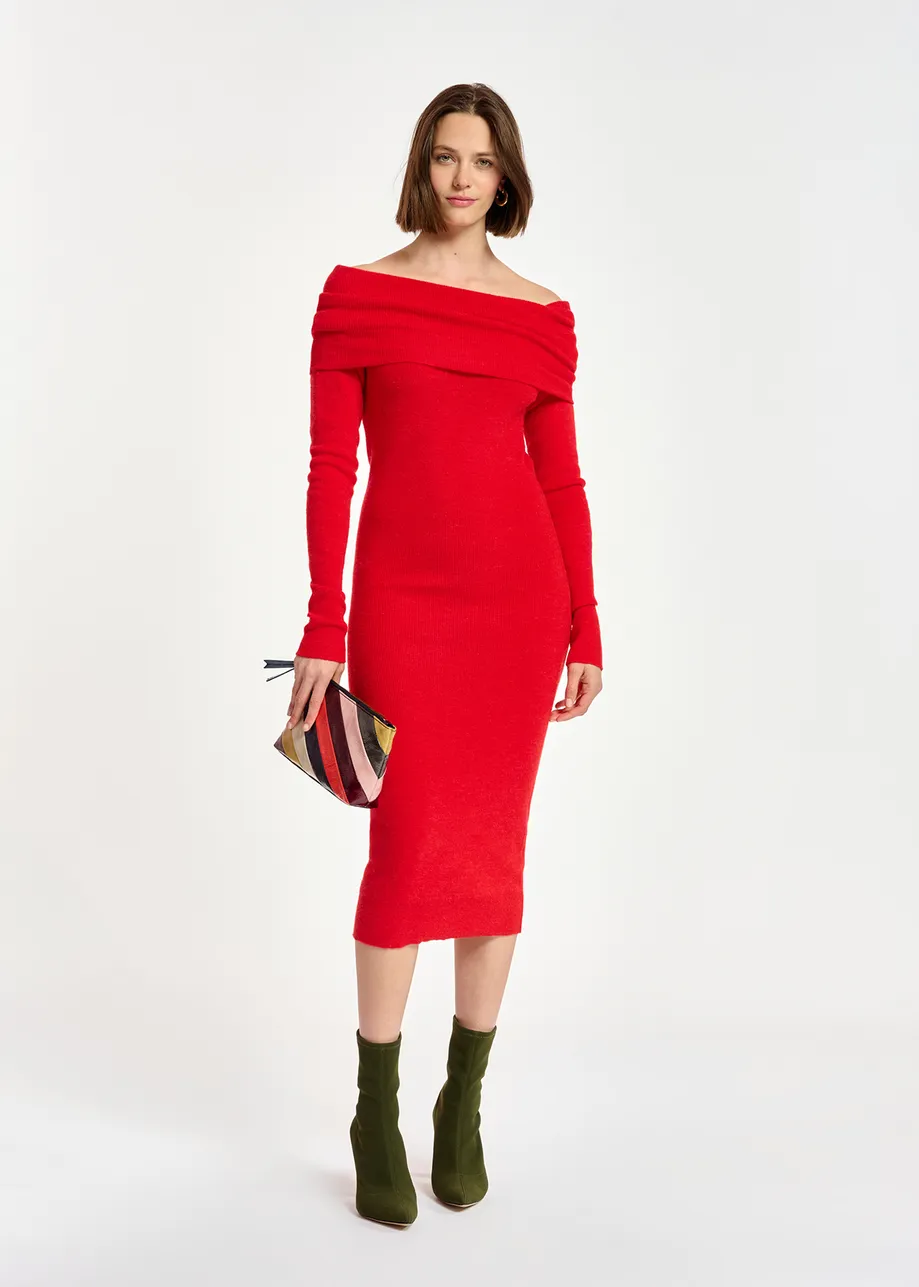 Red off-the-shoulder knit dress