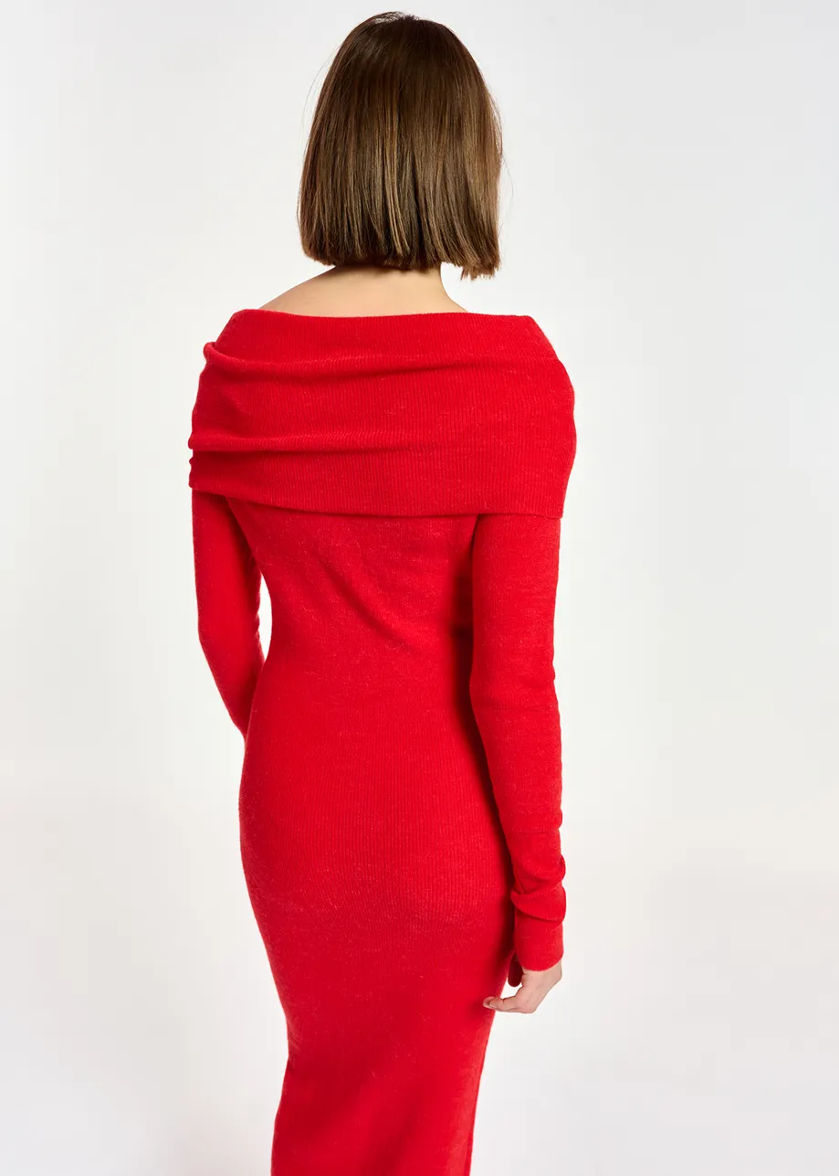 Red off-the-shoulder knit dress