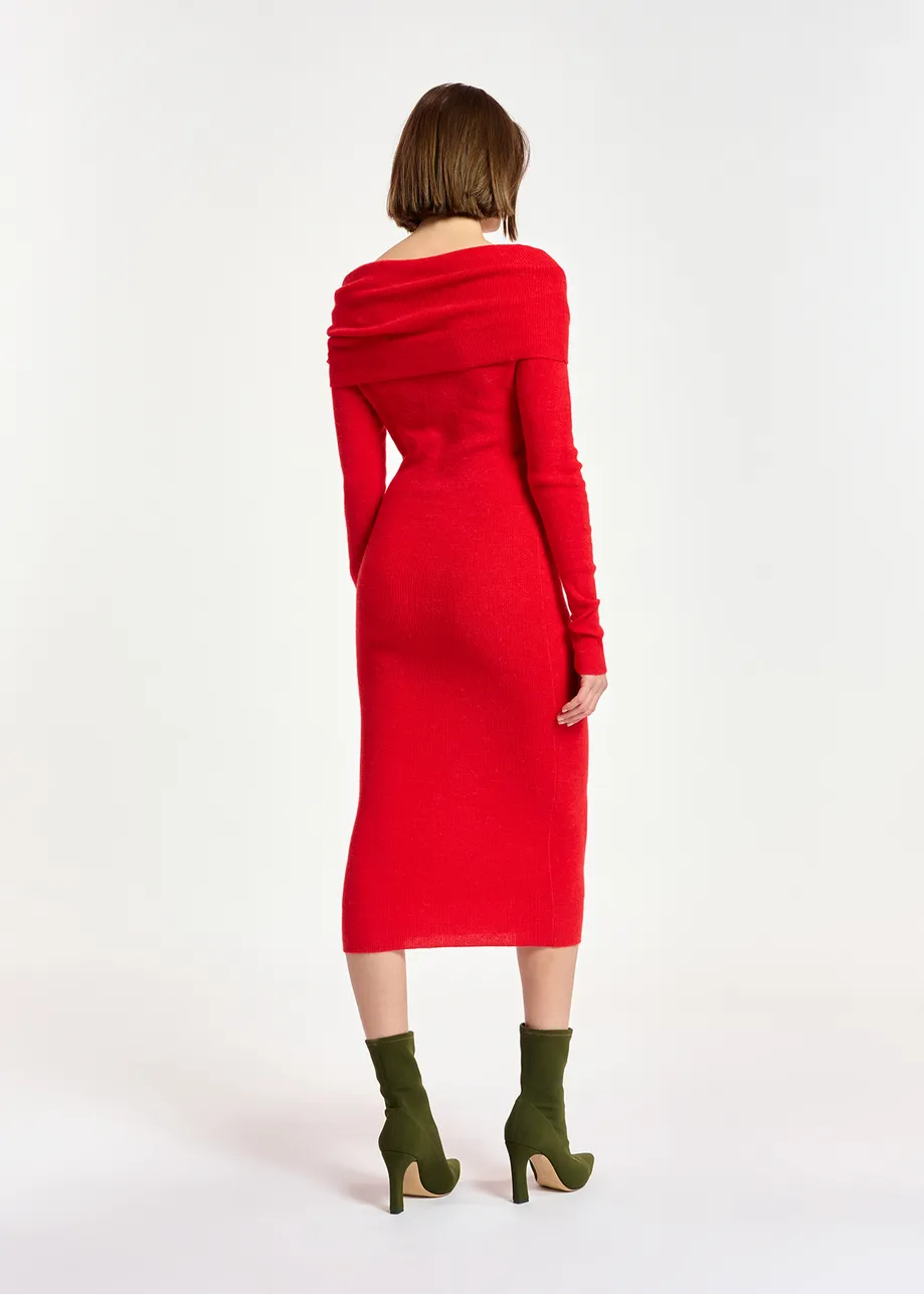 Red off-the-shoulder knit dress