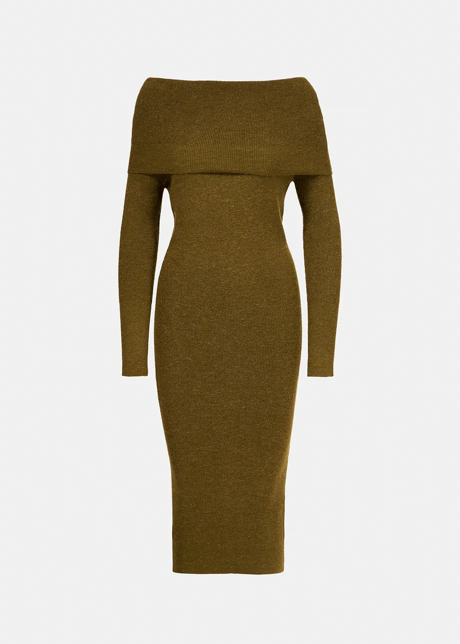 Khaki off-the-shoulder knit dress