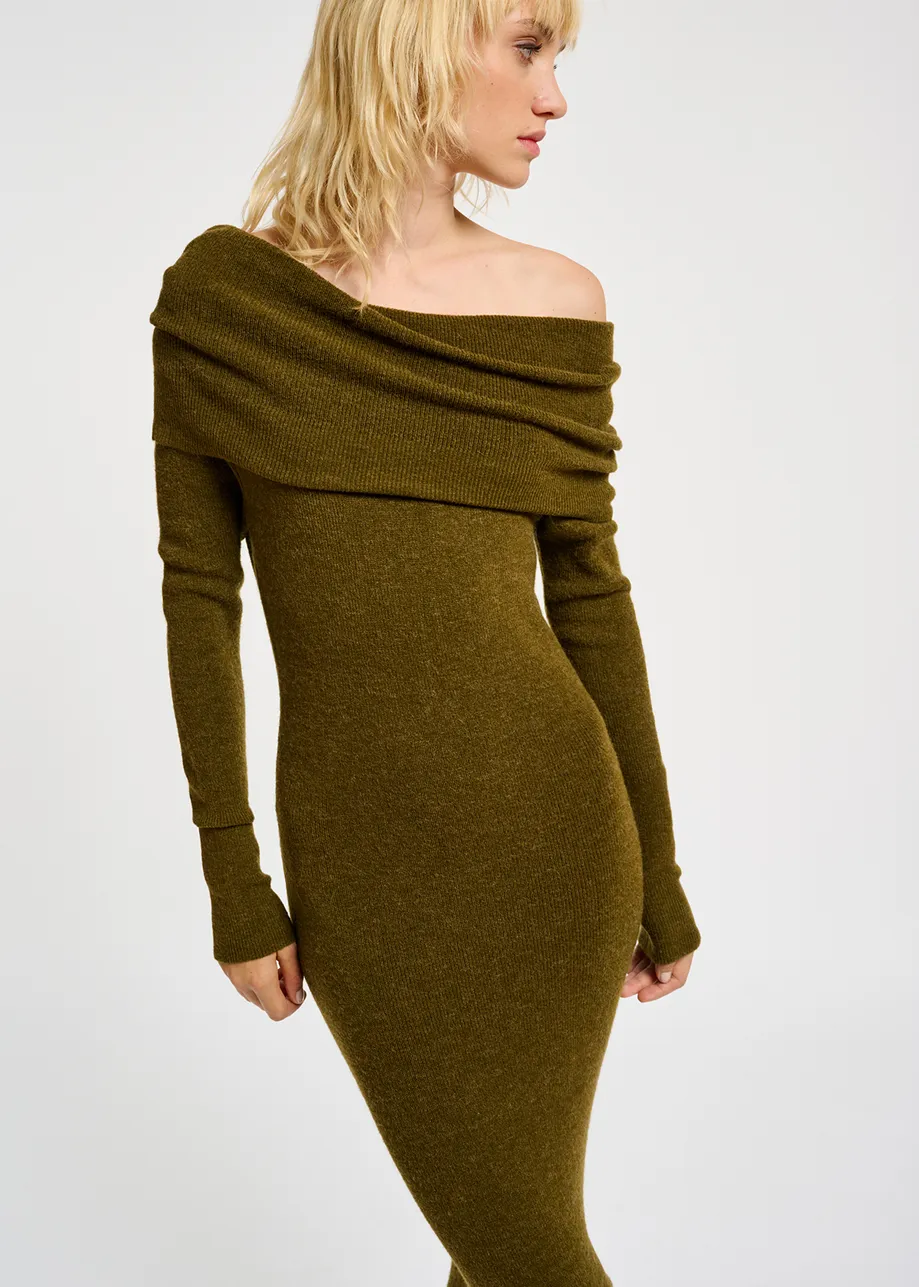 Khaki off-the-shoulder knit dress