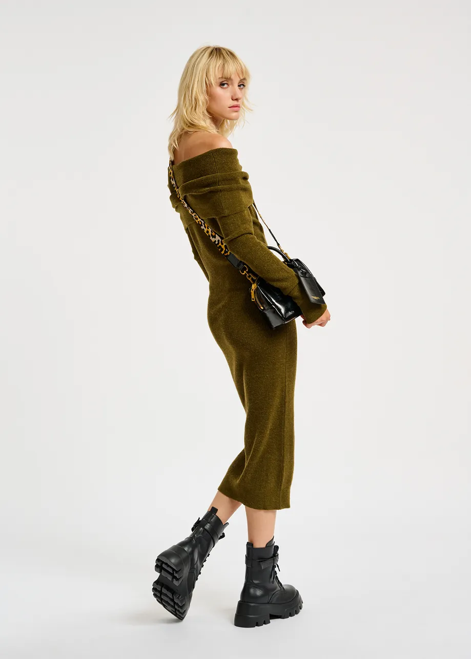 Khaki off-the-shoulder knit dress