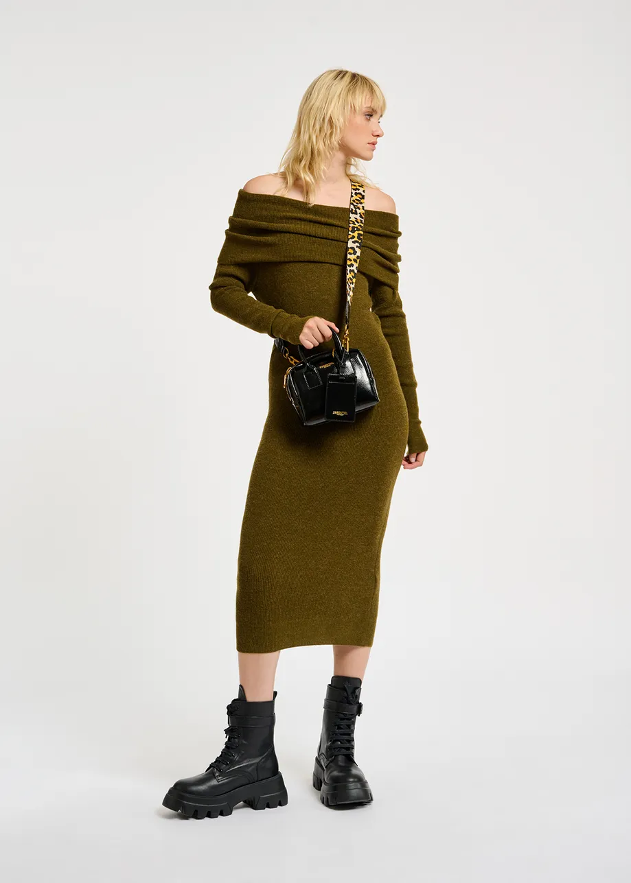 Khaki off-the-shoulder knit dress