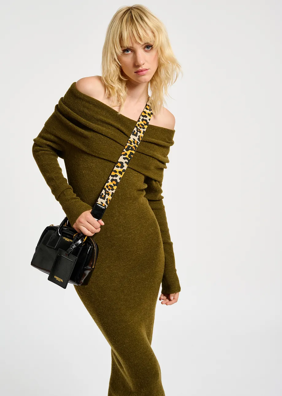 Khaki off-the-shoulder knit dress
