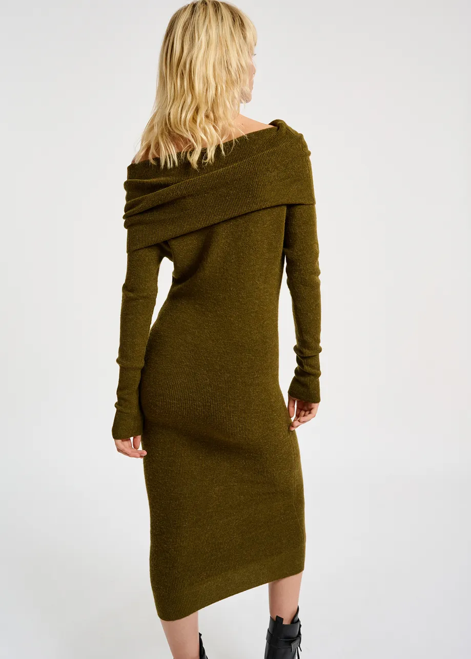 Khaki off-the-shoulder knit dress