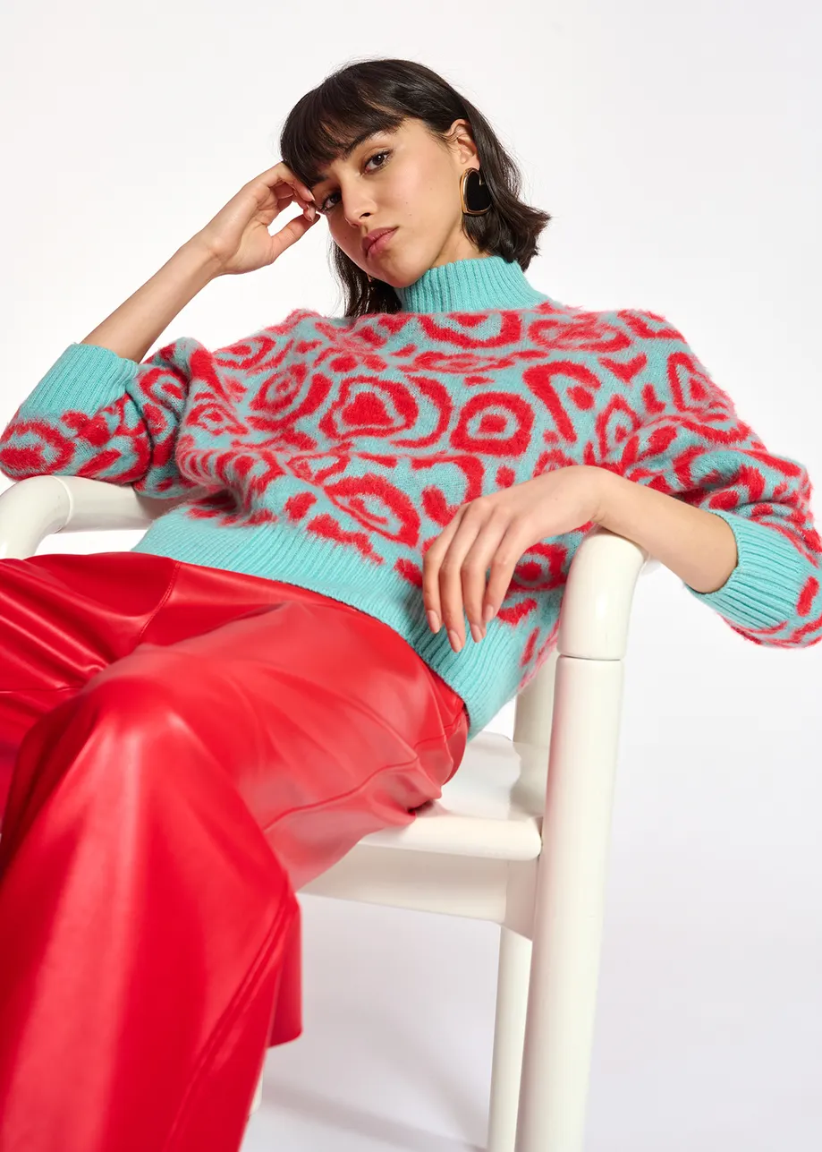 Blue and red leopard-print knit sweater